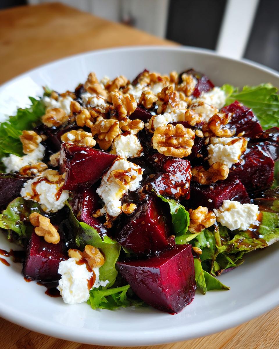 Close-up of beet goat cheese salad topped with walnuts and balsamic glaze on greens.