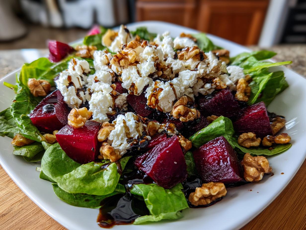 Plate of beet goat cheese salad with fresh spinach, walnuts, and balsamic drizzle.