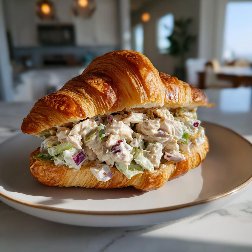 Close-up of a chicken salad croissant sandwich with creamy filling and vegetables on a white plate.