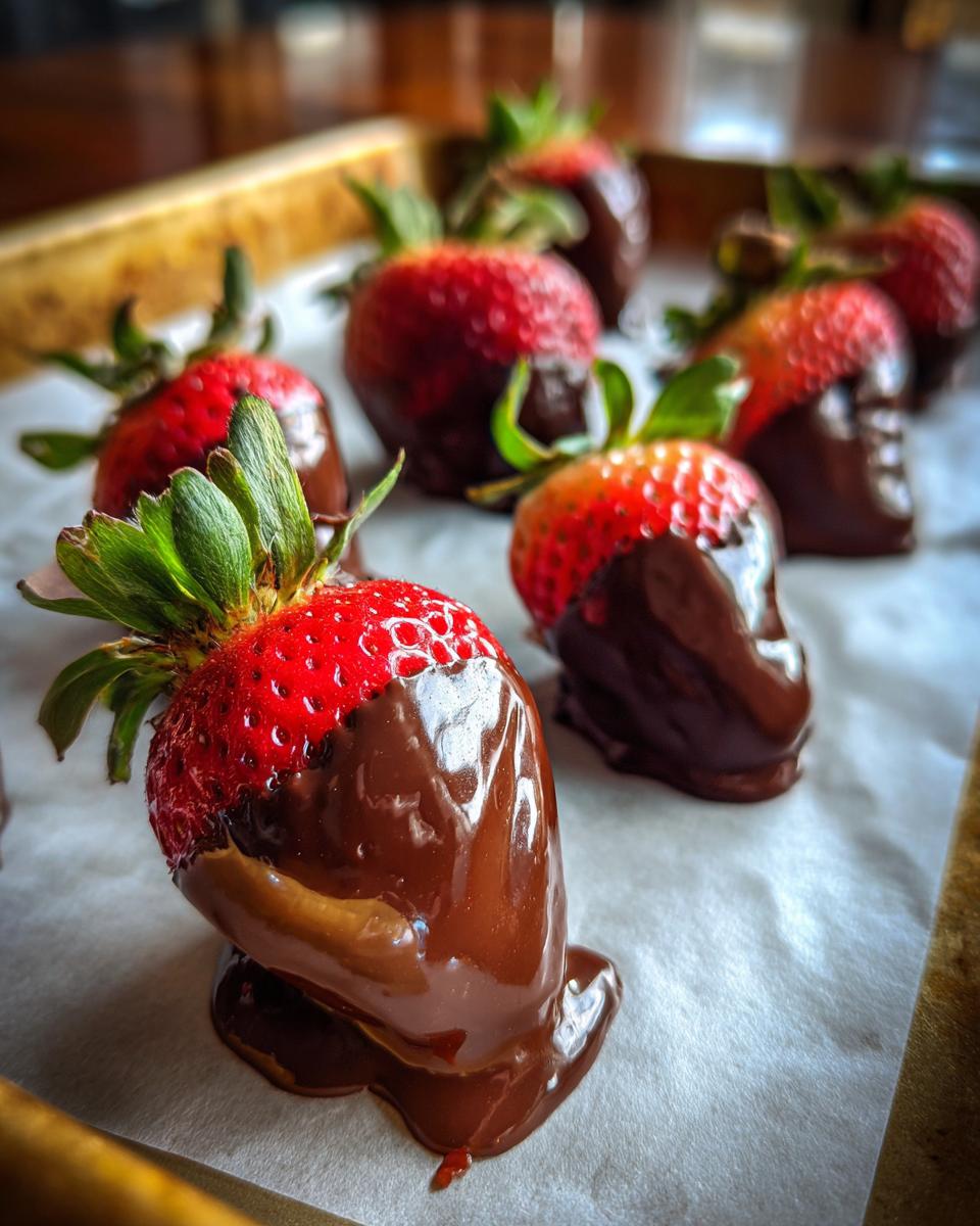 Fresh strawberries partially dipped in glossy chocolate on parchment paper.
