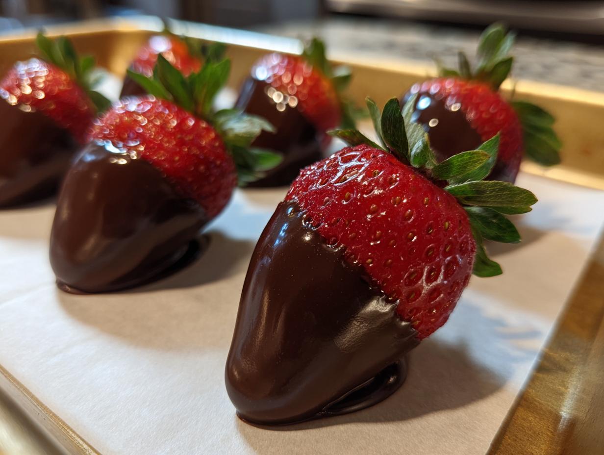 Close-up of fresh red strawberries dipped in glossy dark chocolate on white paper