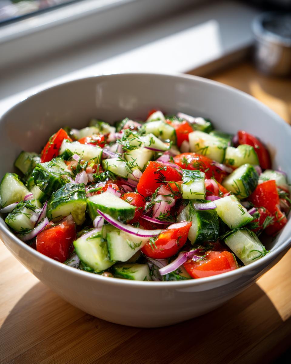 Bowl of cucumber tomato salad with fresh herbs and red onion on wooden surface.
