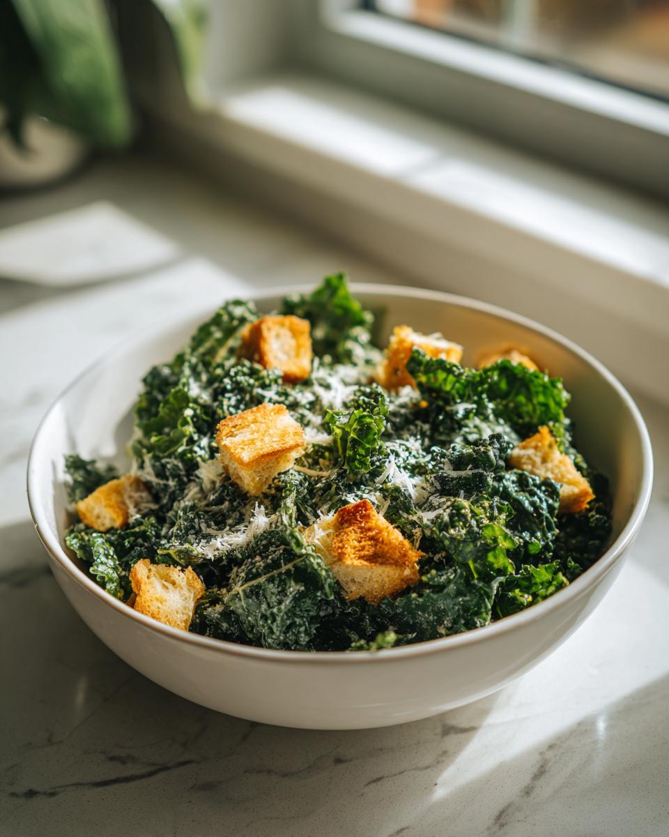 Bowl of kale caesar salad topped with golden croutons and grated cheese on marble surface