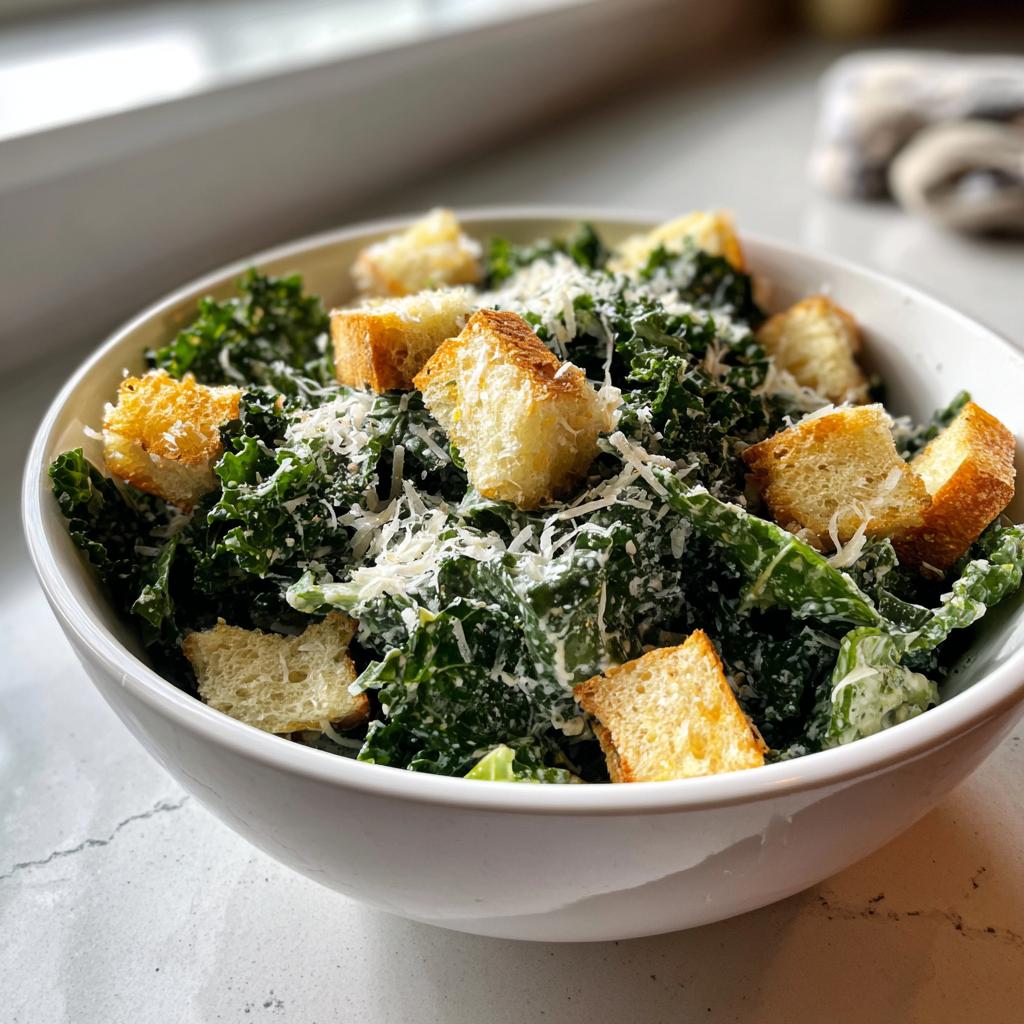 Bowl of kale caesar salad topped with grated parmesan cheese and golden croutons.