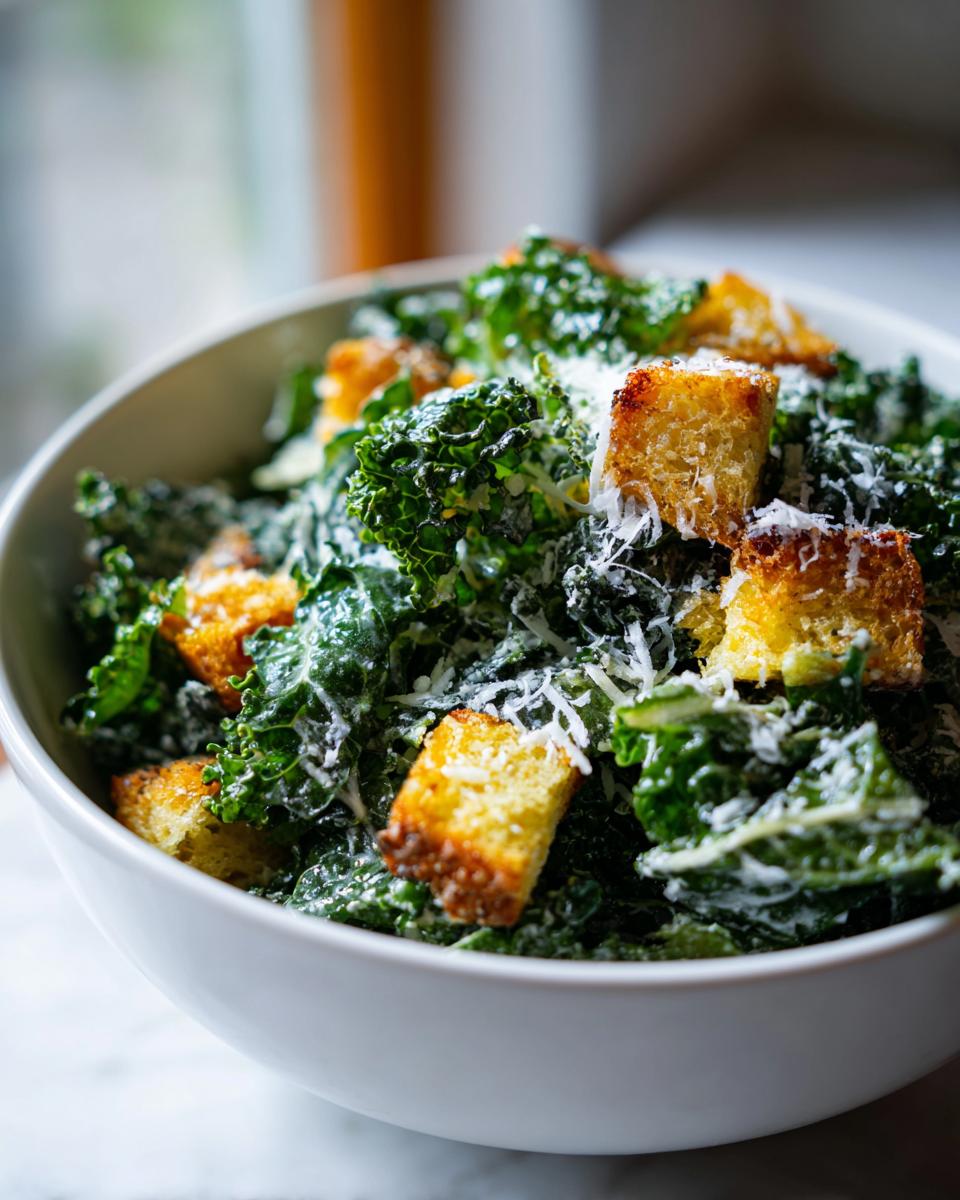 Close-up of kale caesar salad with creamy dressing, golden croutons, and grated parmesan in a white bowl.