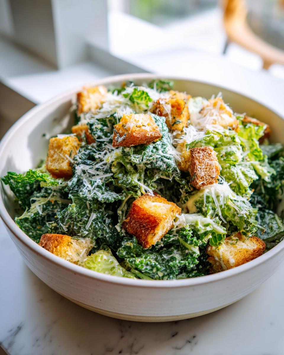 Bowl of kale caesar salad with creamy dressing, crunchy croutons, and grated parmesan cheese.