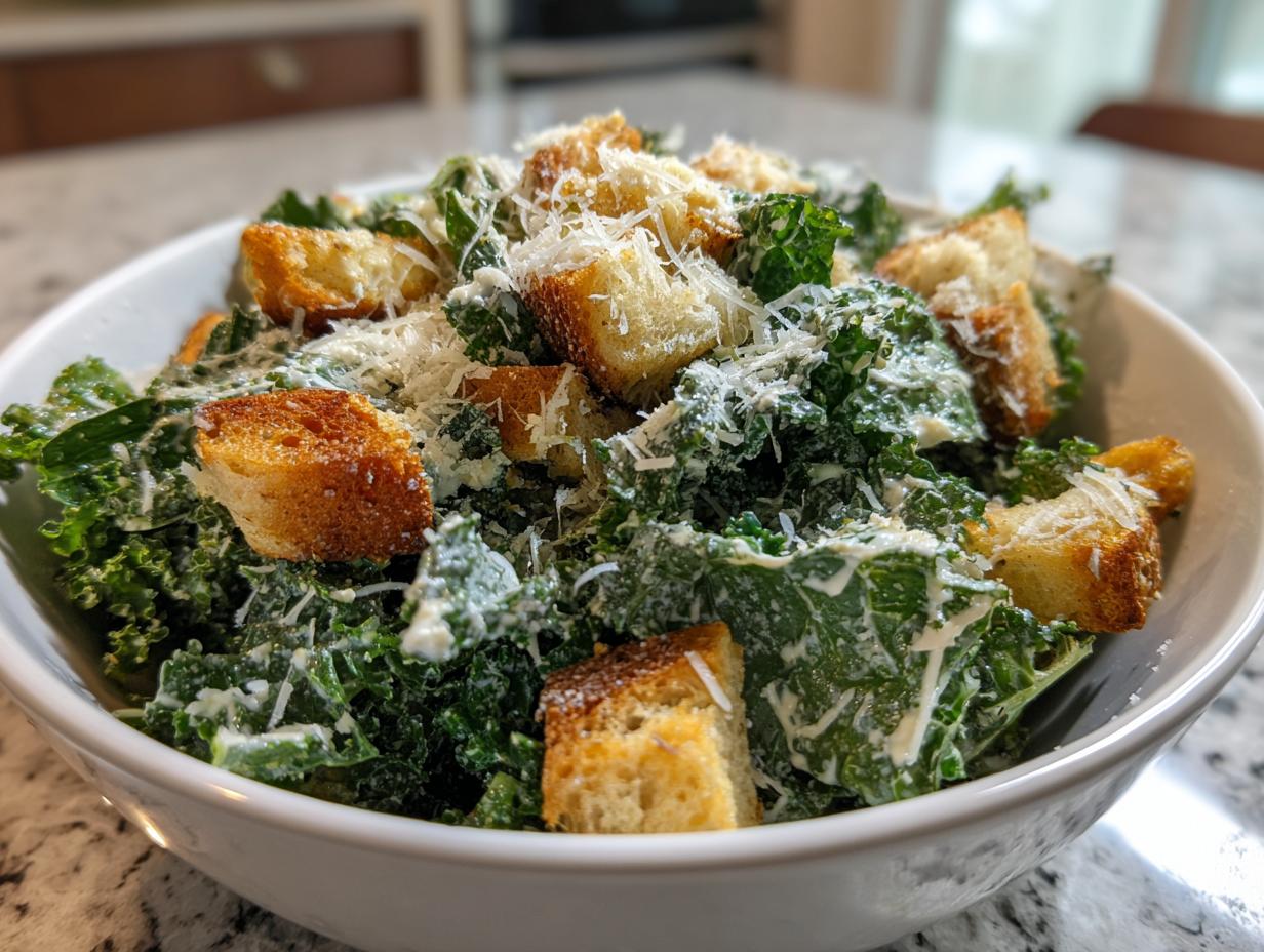 Bowl of kale caesar salad topped with crispy croutons and grated parmesan cheese