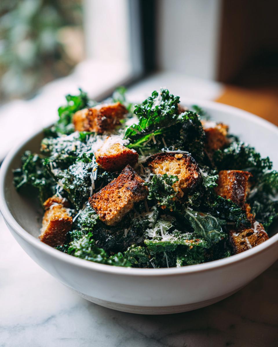 Bowl of kale caesar salad topped with crispy bread croutons and grated cheese.