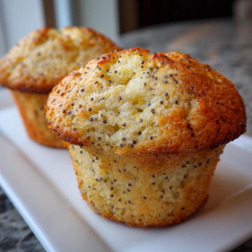 Close-up of two lemon poppy seed muffins on a white plate with golden brown tops and visible poppy seeds.
