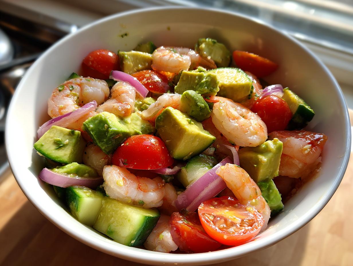Bowl of shrimp and avocado salad lunch bowl with tomatoes, cucumber, and red onion.