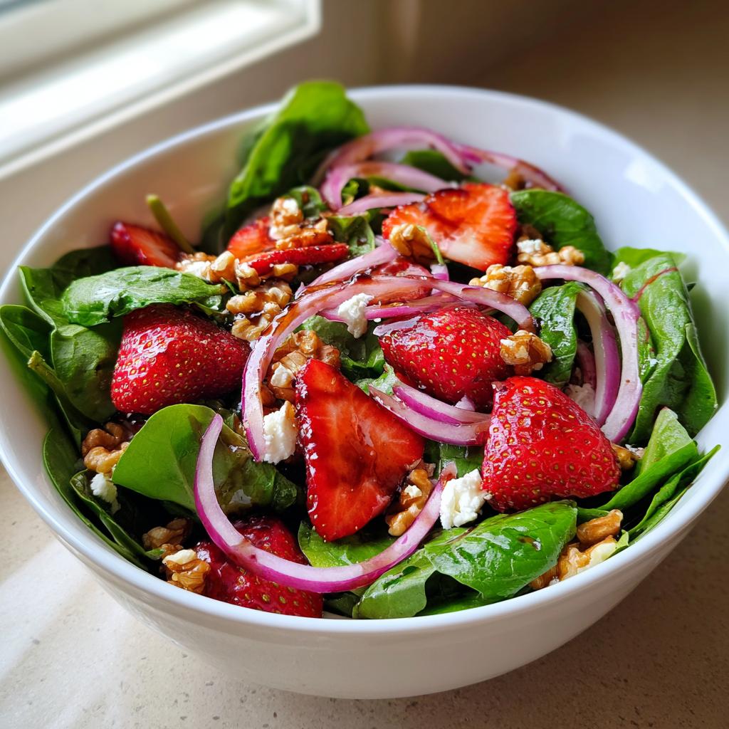 Spinach strawberry salad with walnuts, red onion, and cheese in a white bowl