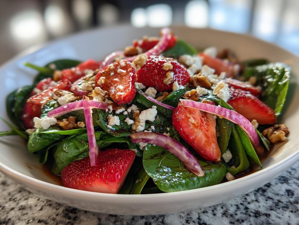 Bowl of spinach strawberry salad with red onion, walnuts, and crumbled feta cheese