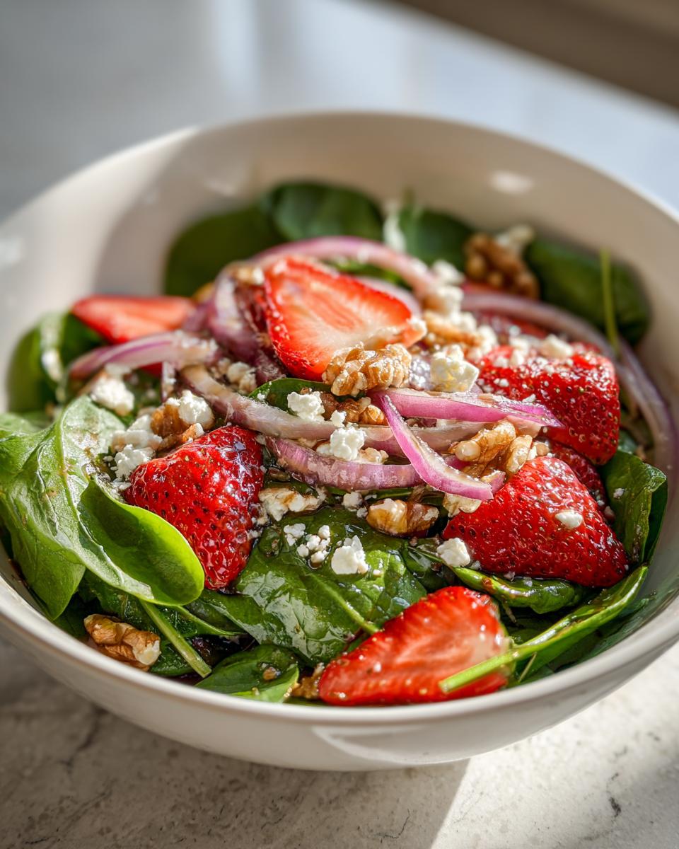Bowl of spinach strawberry salad with sliced strawberries, red onions, walnuts, and crumbled feta cheese