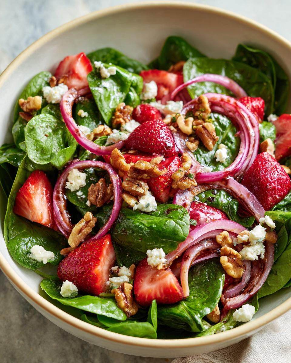 Spinach strawberry salad with walnuts, red onion slices, and feta cheese in a bowl.