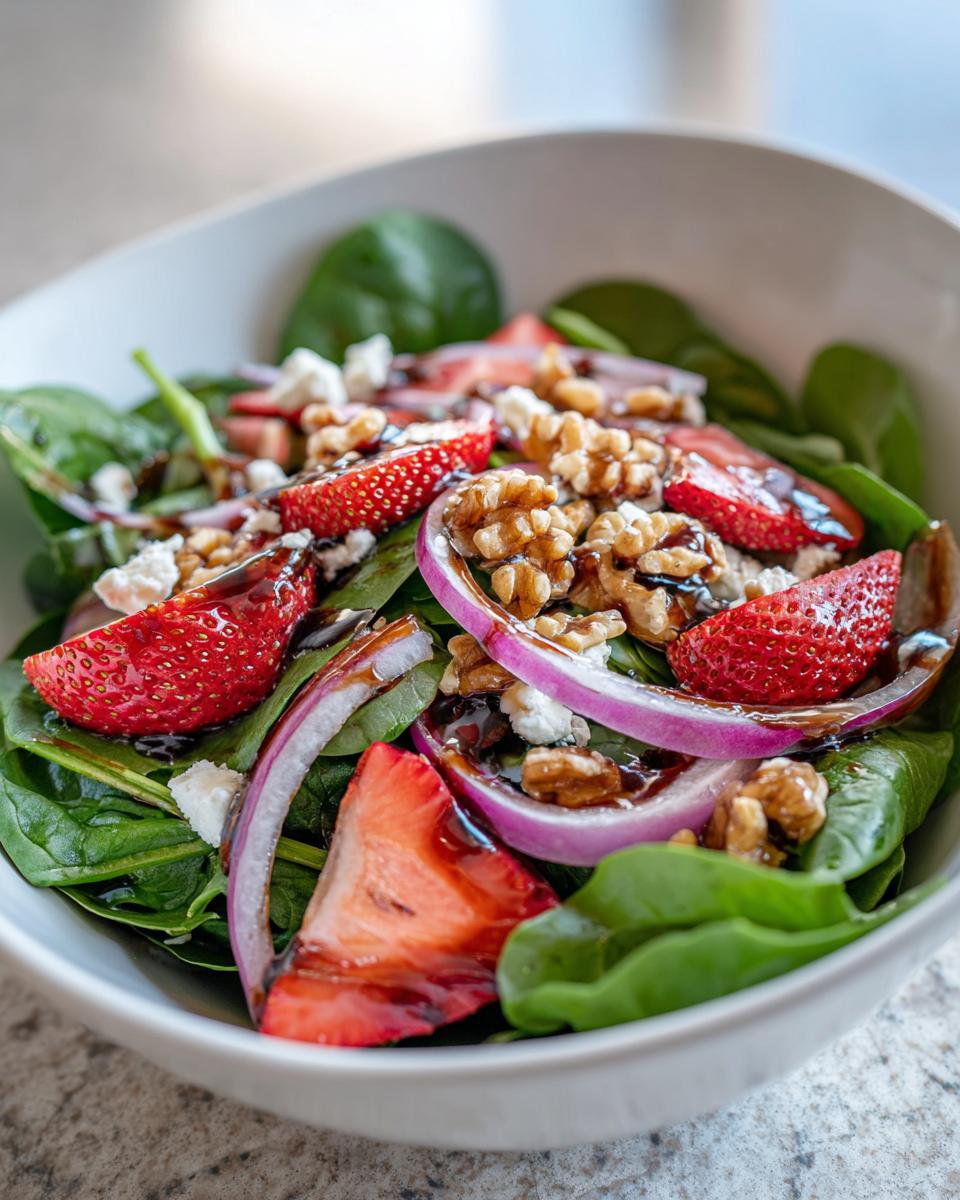 Bowl of spinach strawberry salad with walnuts, red onion slices, and balsamic glaze