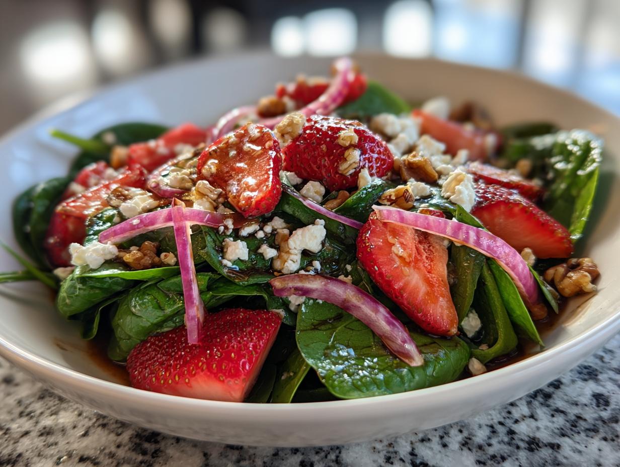 Bowl of spinach strawberry salad with red onion, walnuts, and crumbled feta cheese