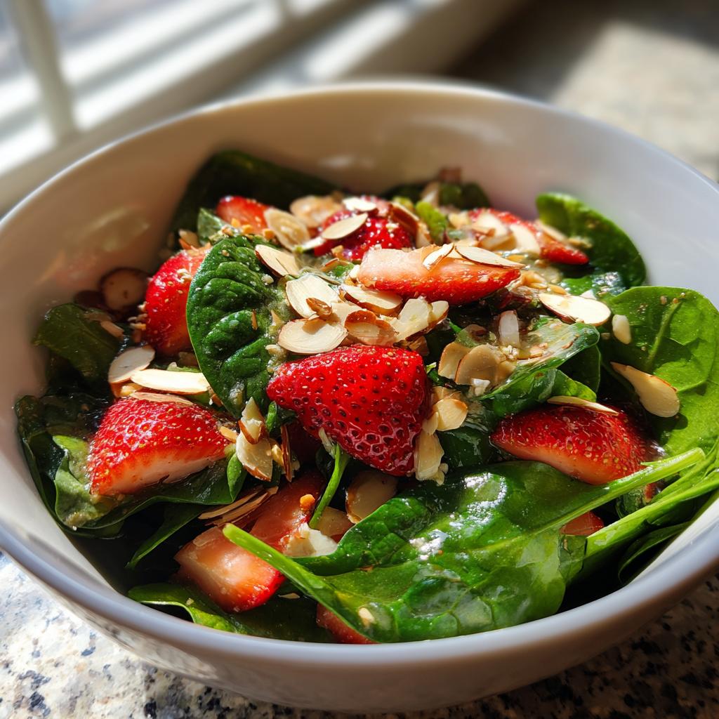 Bowl of fresh strawberry spinach salad with lemon and sliced almonds