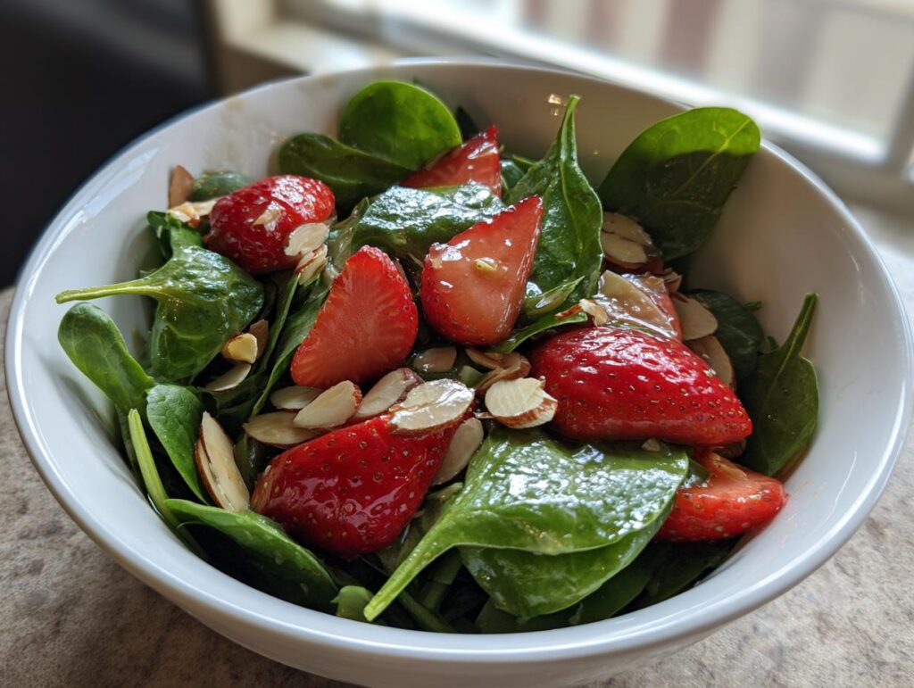 Bowl of fresh strawberry spinach salad with lemon, sliced strawberries, spinach leaves, and almond slices.