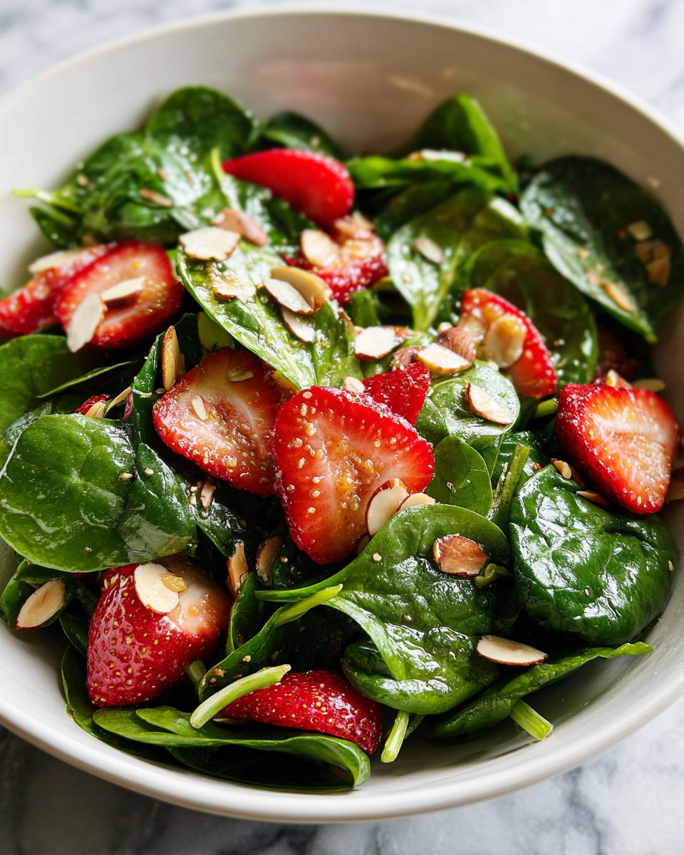 Bowl of fresh strawberry spinach salad with lemon, garnished with sliced almonds