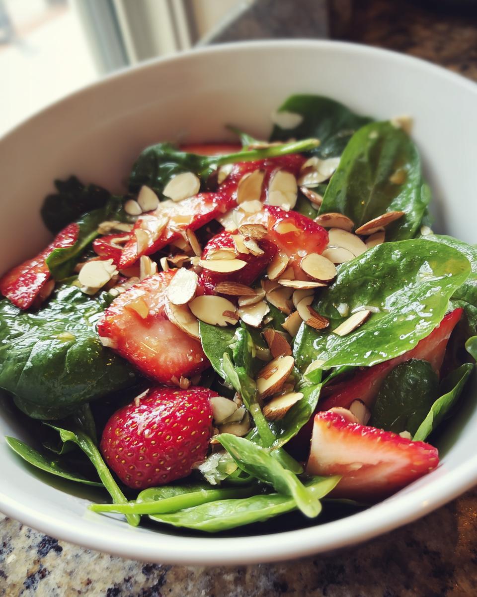 Bowl of fresh strawberry spinach salad with lemon and sliced almonds.