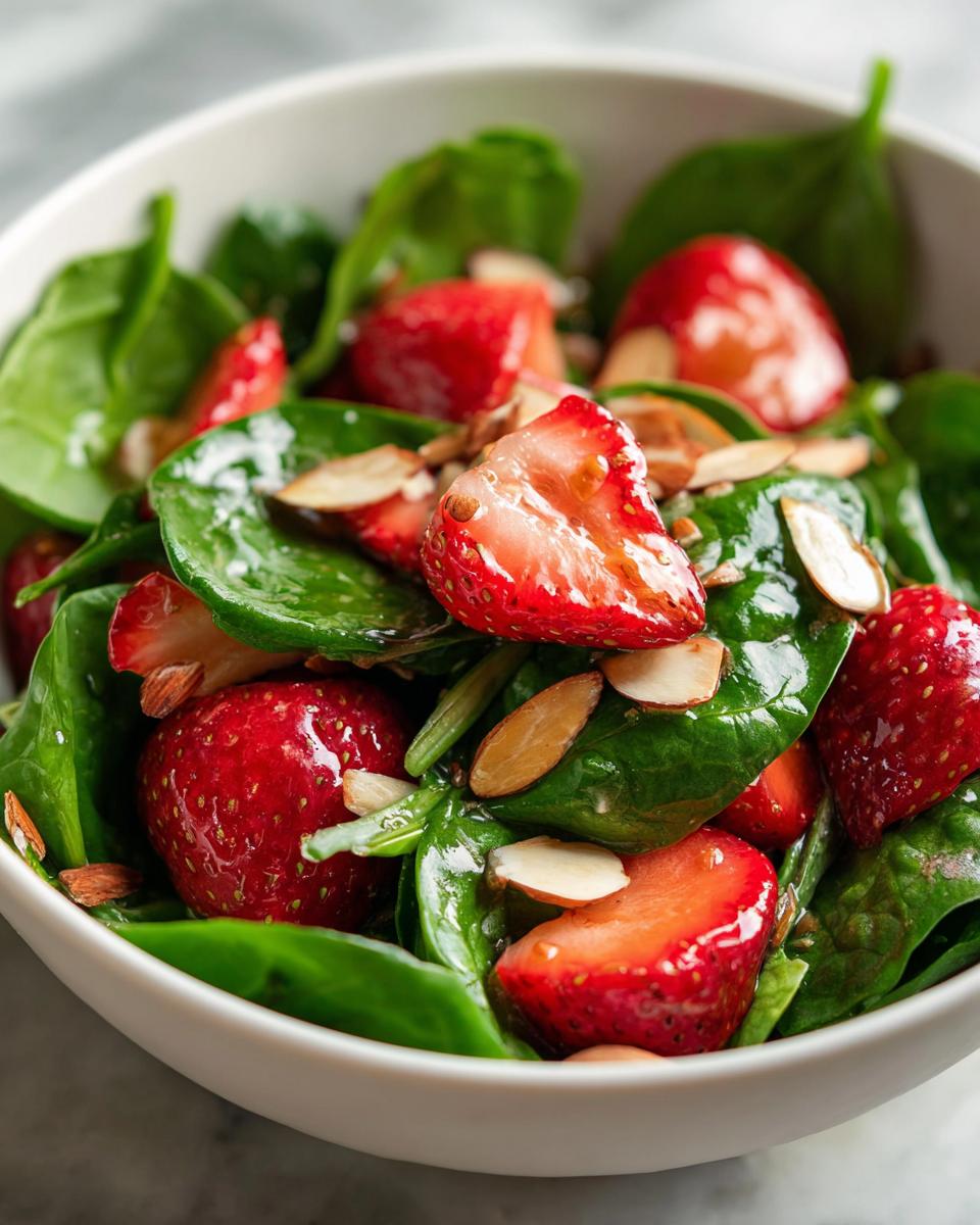 Bowl of fresh strawberry spinach salad with lemon and sliced almonds on top