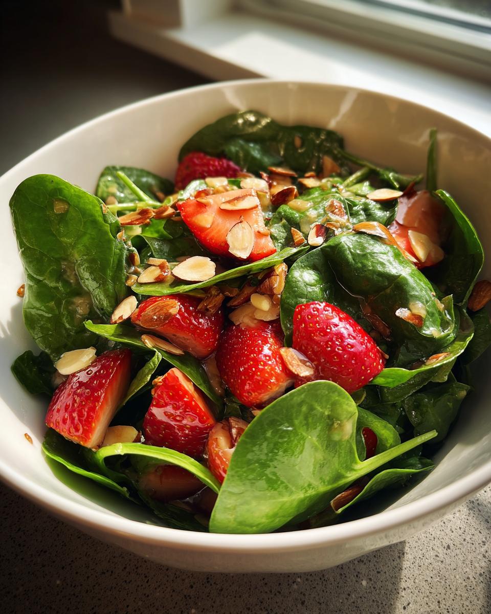 Bowl of fresh strawberry spinach salad with lemon and sliced almonds