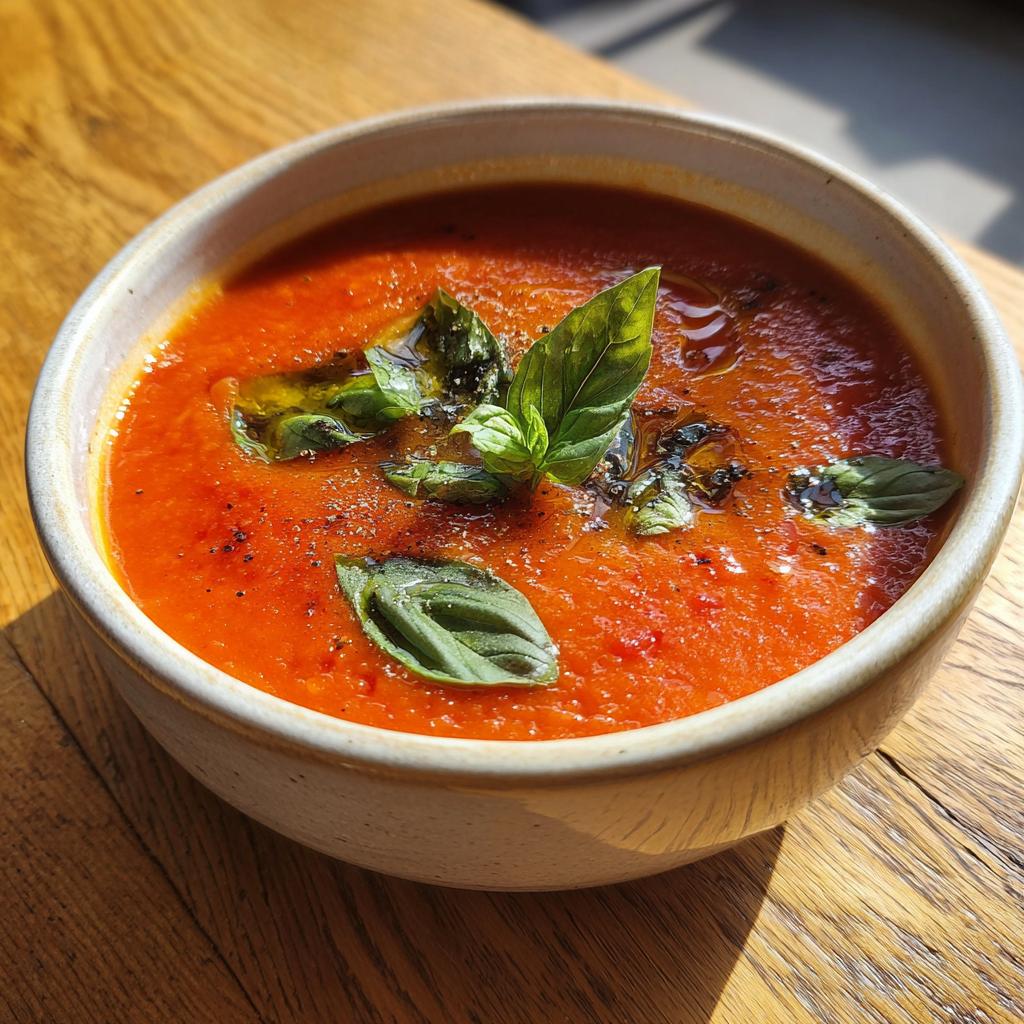 Close-up of vibrant tomato basil soup garnished with fresh basil leaves in a ceramic bowl.