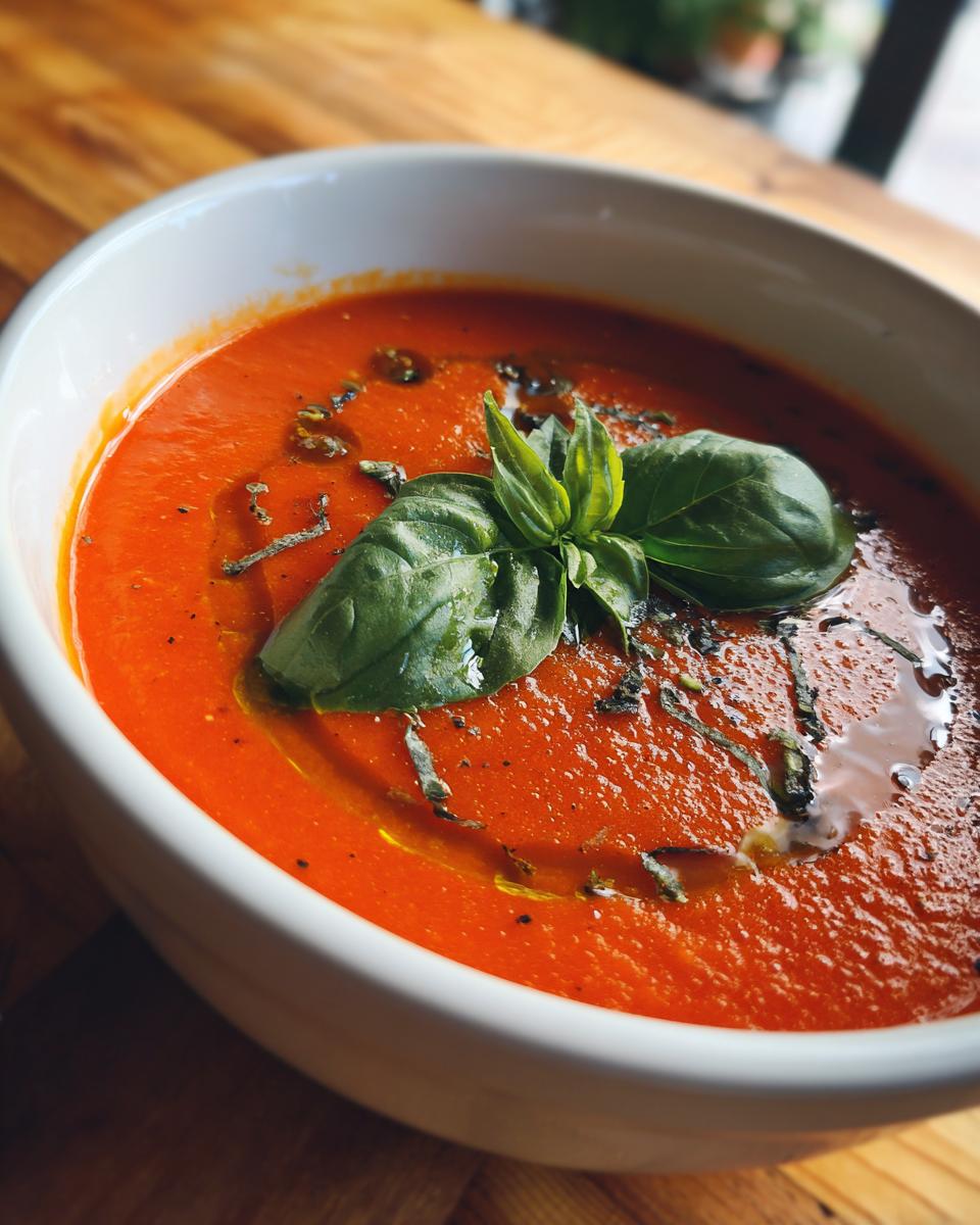 Close-up of vibrant tomato basil soup garnished with fresh basil leaves in a white bowl.