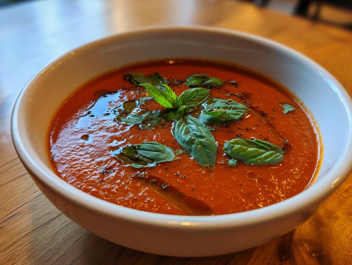 Bowl of vibrant tomato basil soup garnished with fresh basil leaves and a drizzle of olive oil