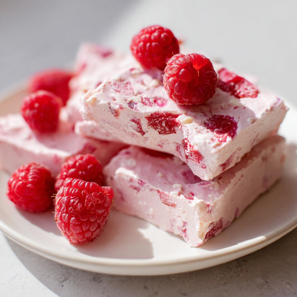 Close-up of frozen yogurt raspberry bark recipe pieces with fresh raspberries on a white plate