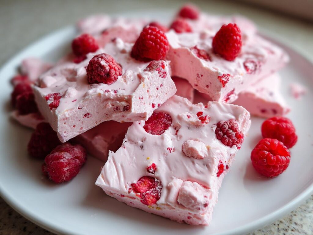 Close-up of pink frozen yogurt raspberry bark recipe pieces with whole raspberries on a white plate.