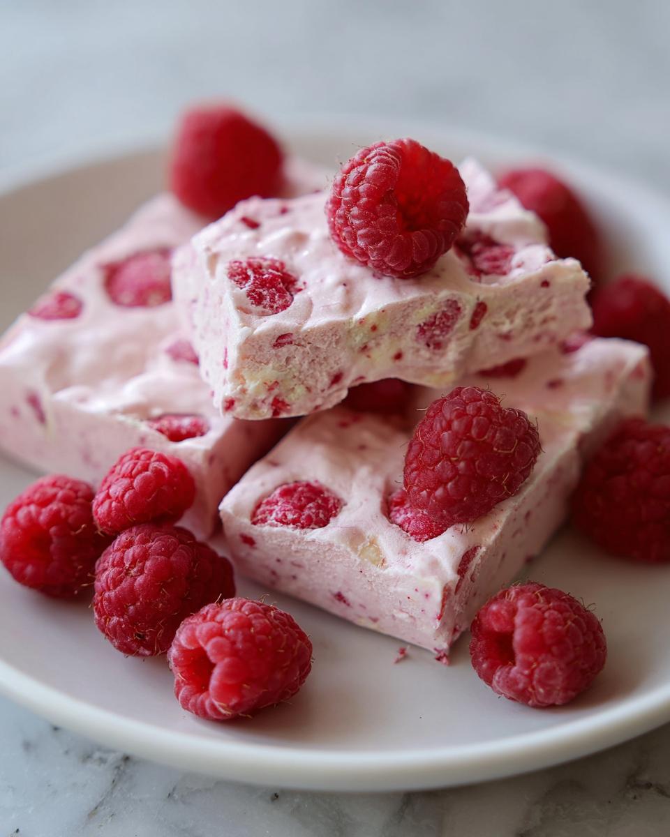 Pieces of frozen yogurt raspberry bark with fresh raspberries on a white plate