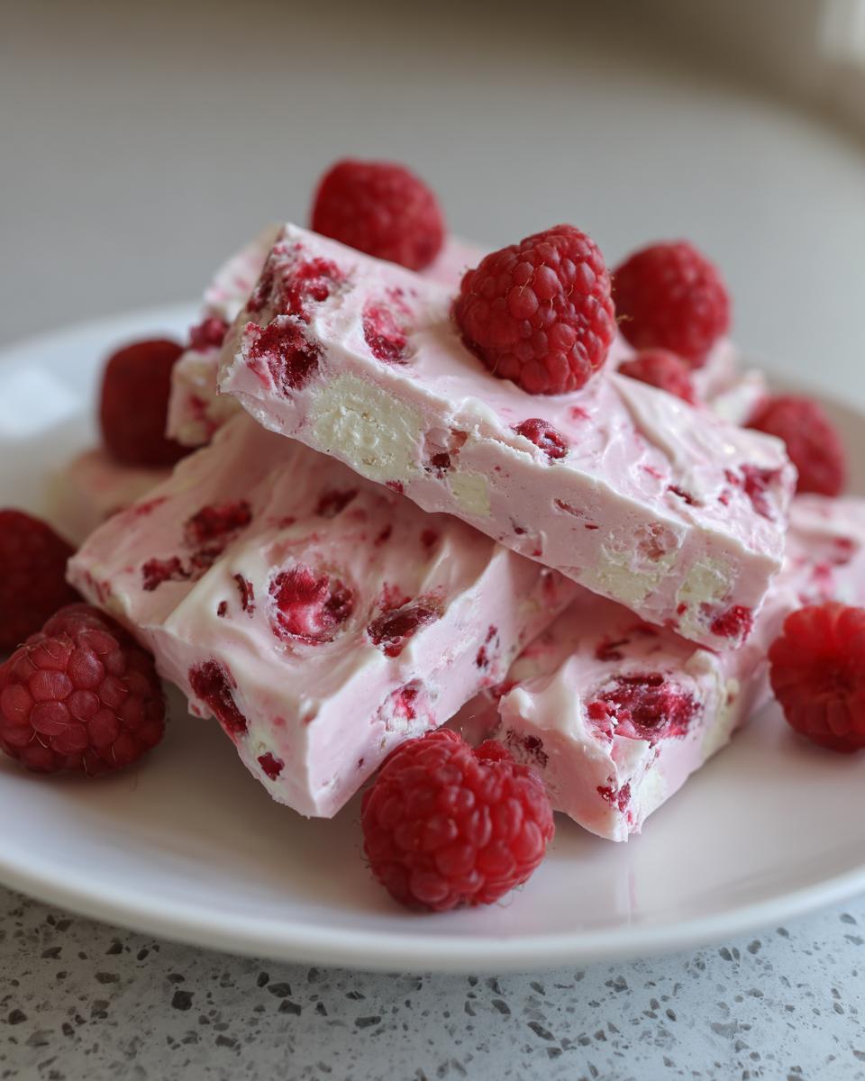 Close-up of frozen yogurt raspberry bark recipe pieces garnished with fresh raspberries on a white plate.