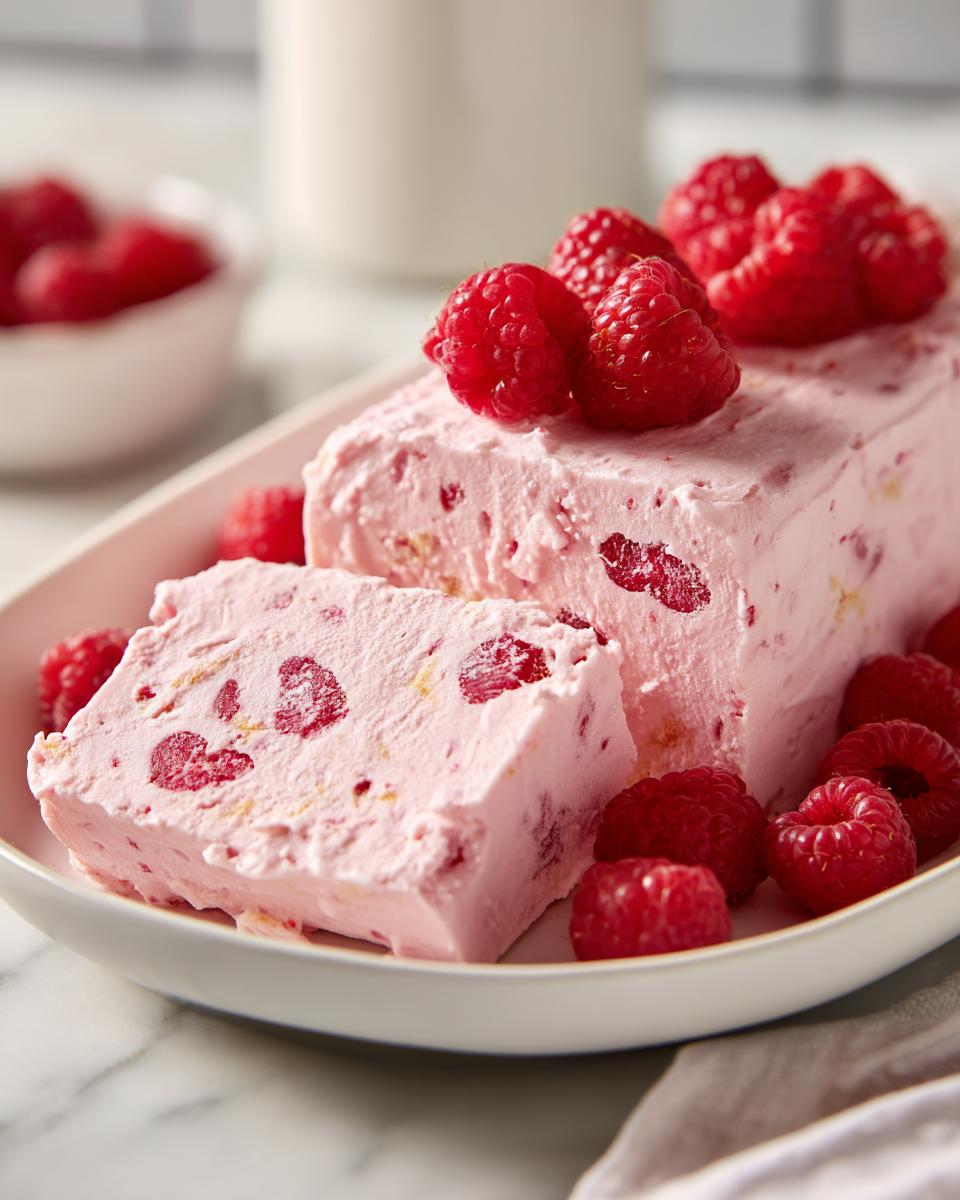 Slice of frozen yogurt raspberry bark recipe topped with fresh raspberries on a white plate.