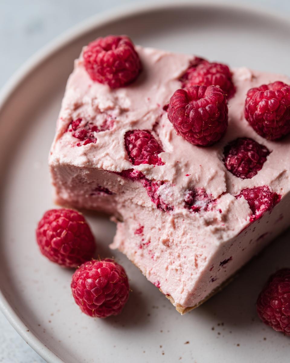 A bite taken from a slice of frozen yogurt raspberry bark recipe with fresh raspberries on top and around.