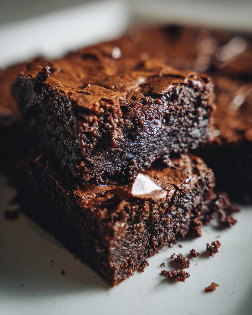 Two stacked rich and moist brownies showcasing fudgy one bowl brownie recipe from scratch
