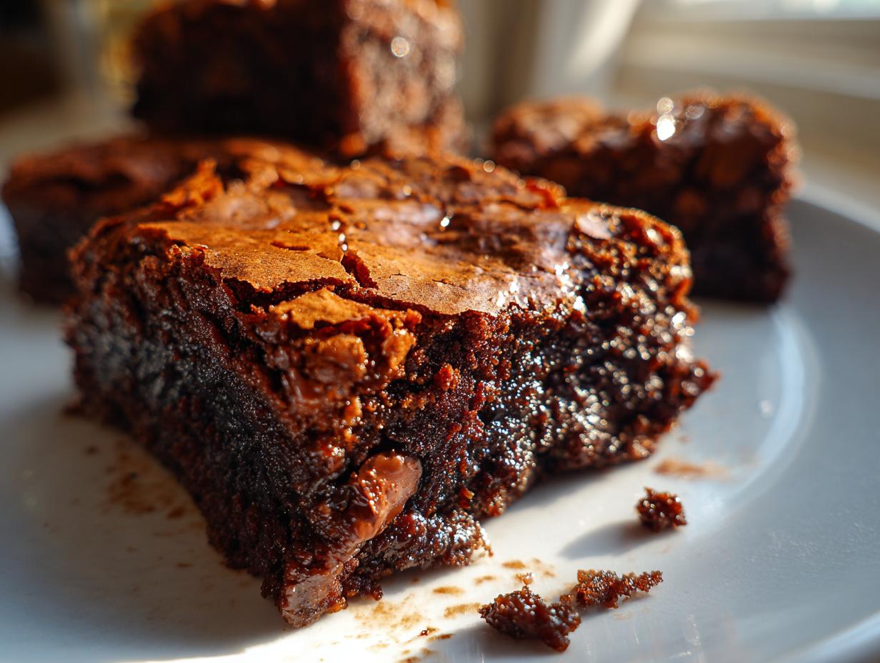 Close-up of a rich fudgy one bowl brownie recipe from scratch with melted chocolate chunks on a plate.