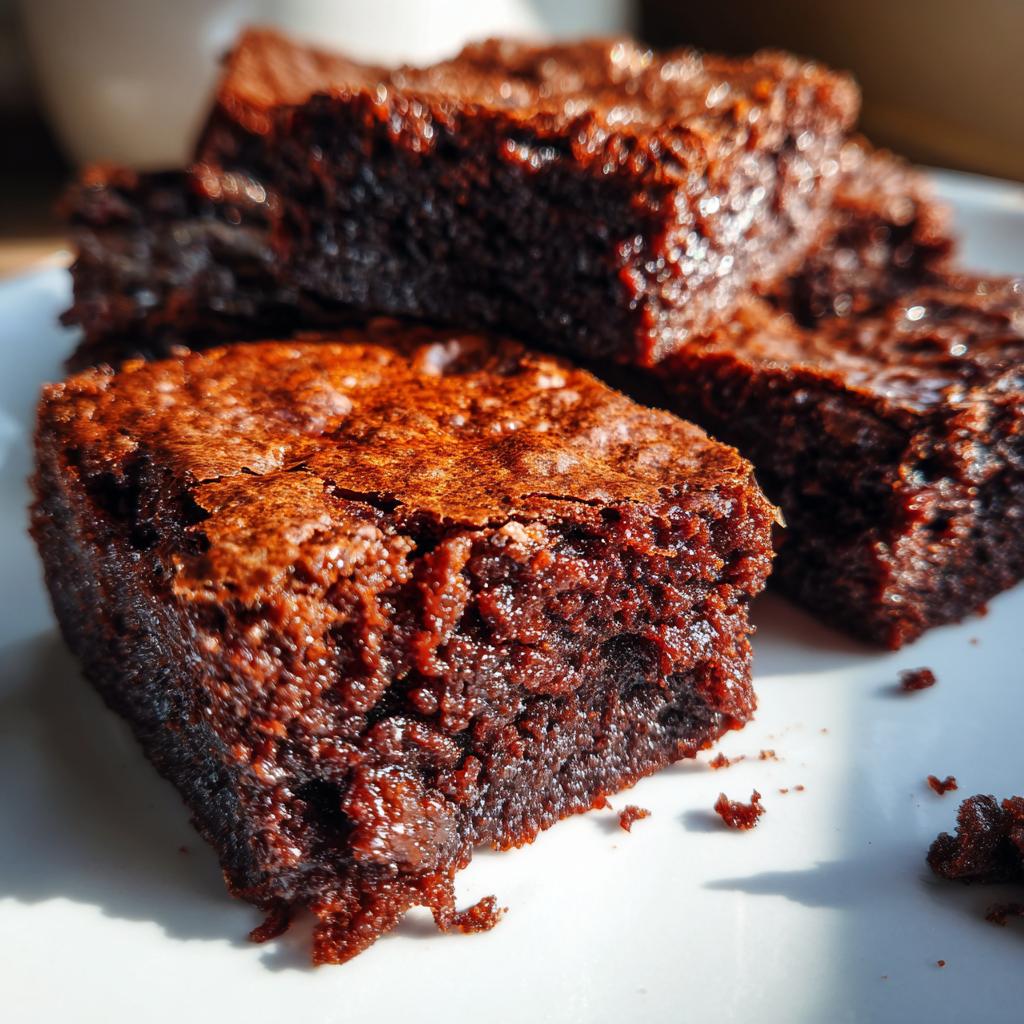 Close-up of rich and moist fudgy one bowl brownie recipe from scratch with a crackly top.
