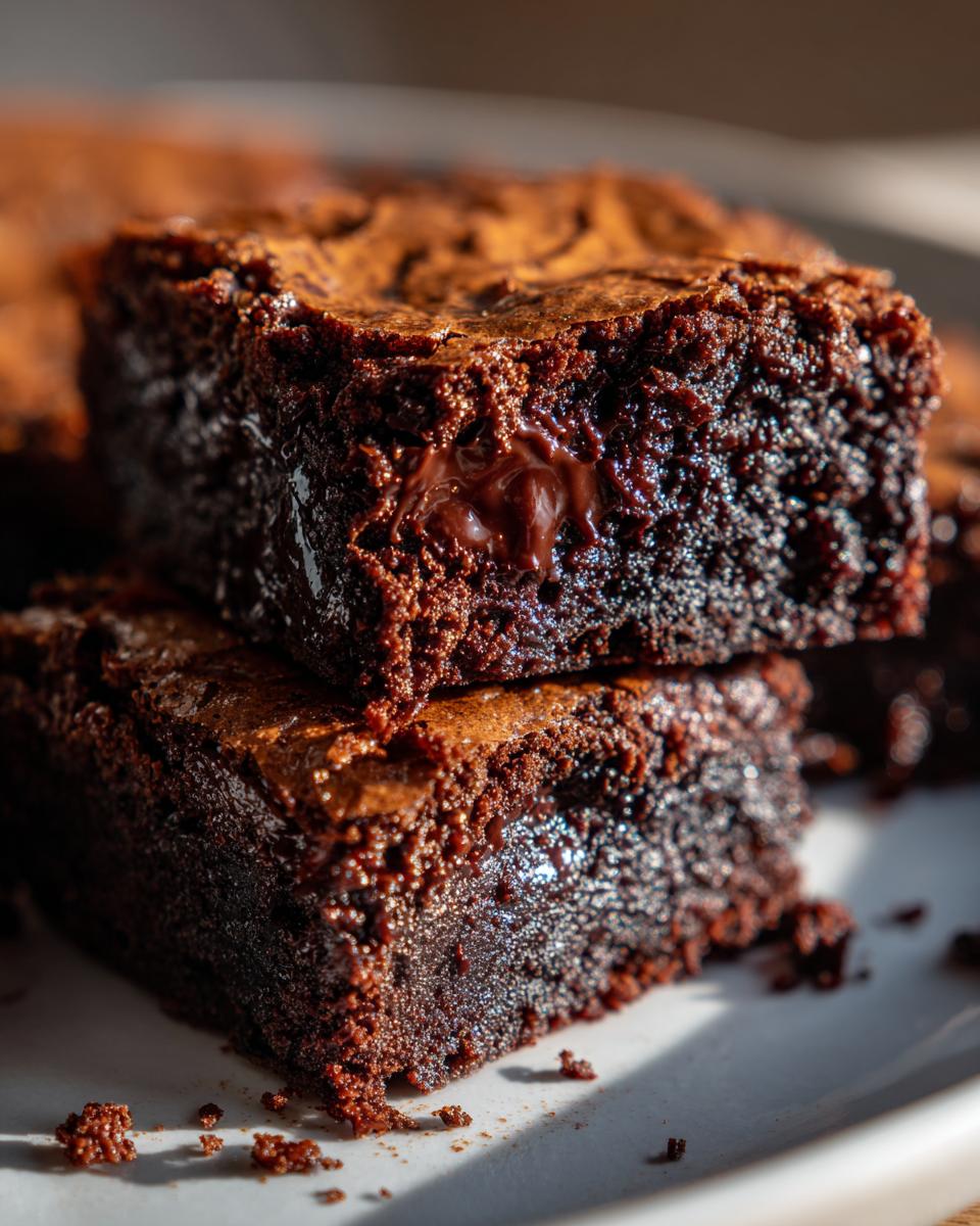 Two stacked rich, gooey brownies with a fudgy one bowl brownie recipe from scratch on a white plate.