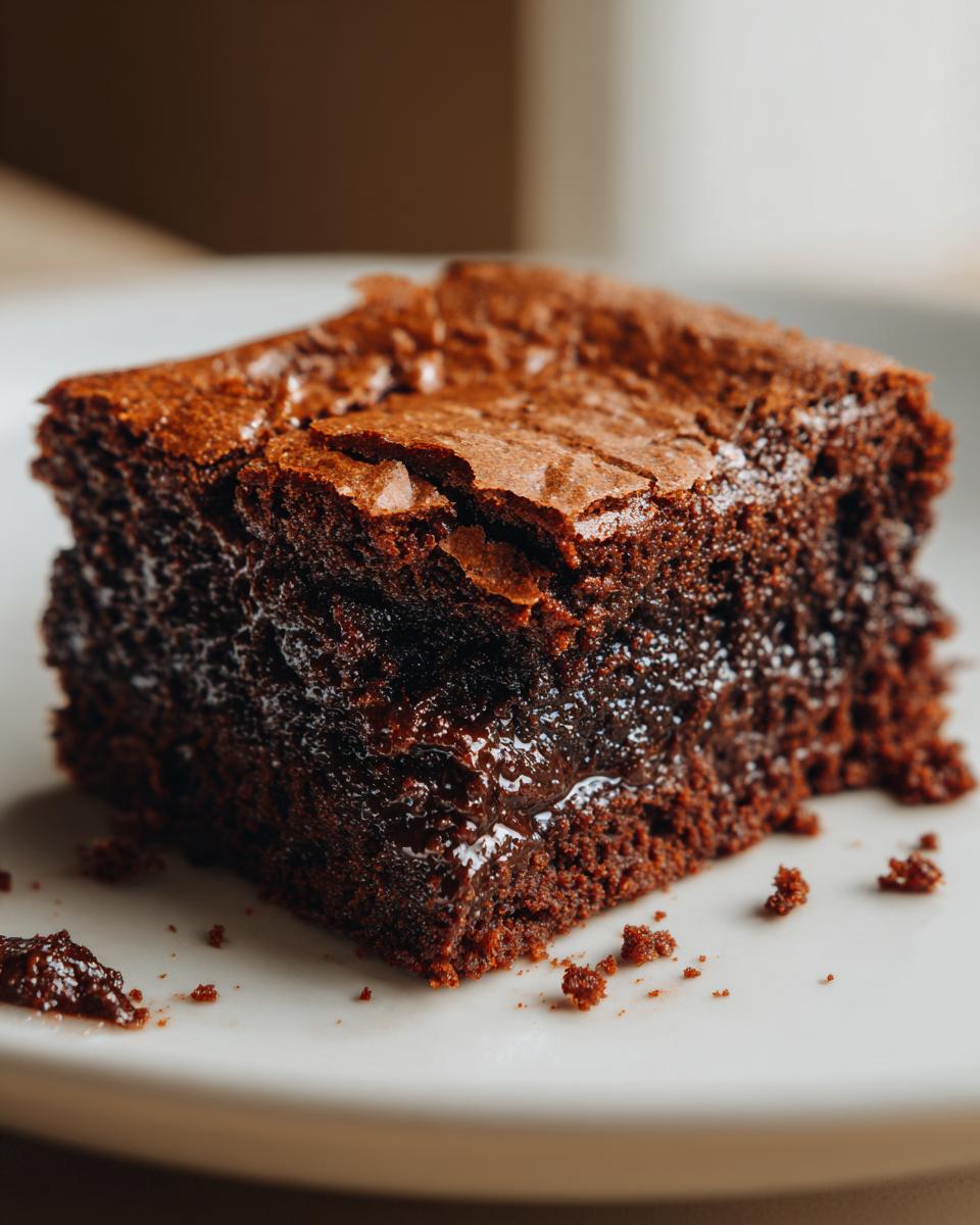 Close-up of a slice of fudgy one bowl brownie recipe from scratch with a gooey chocolate center