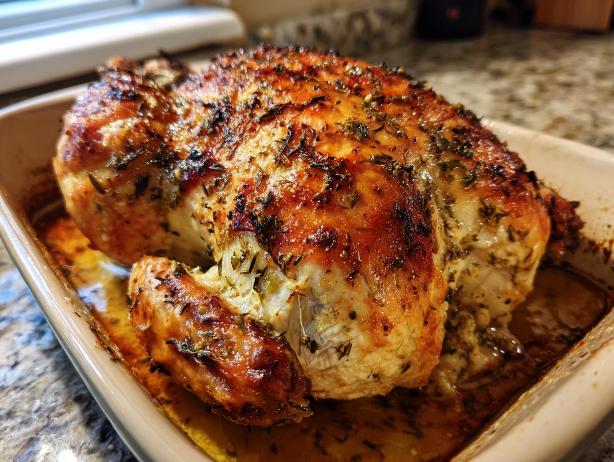 Close-up of garlic butter roasted chicken with crispy herb crust in a baking dish.