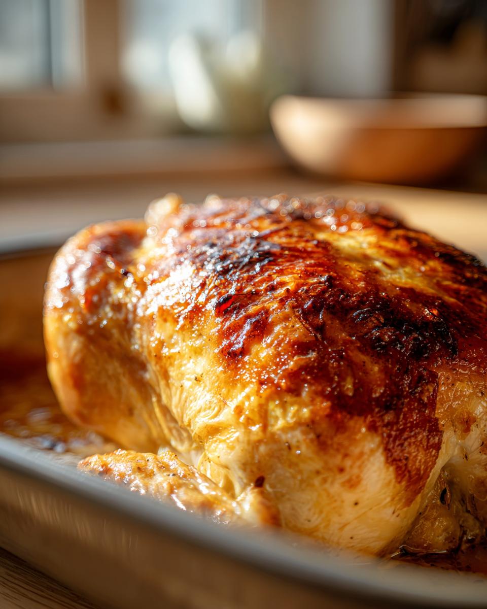 Close-up of golden brown garlic butter roasted chicken with crispy skin in a baking dish.