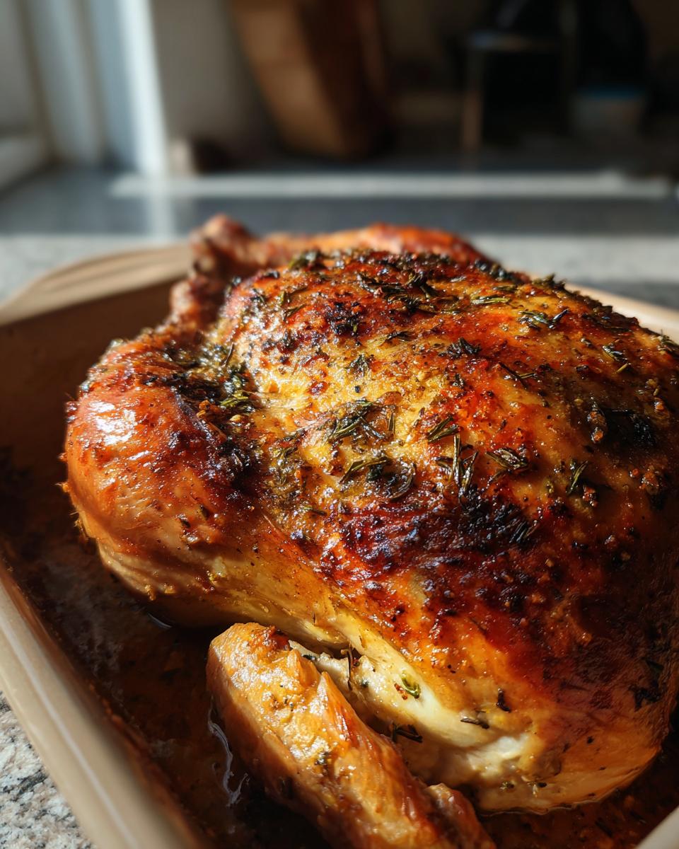 Close-up of perfectly cooked garlic butter roasted chicken with herbs