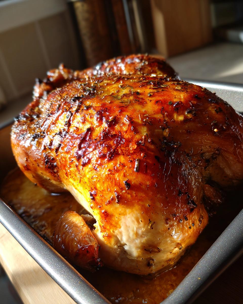 Close-up of golden garlic butter roasted chicken with crispy skin in roasting pan.