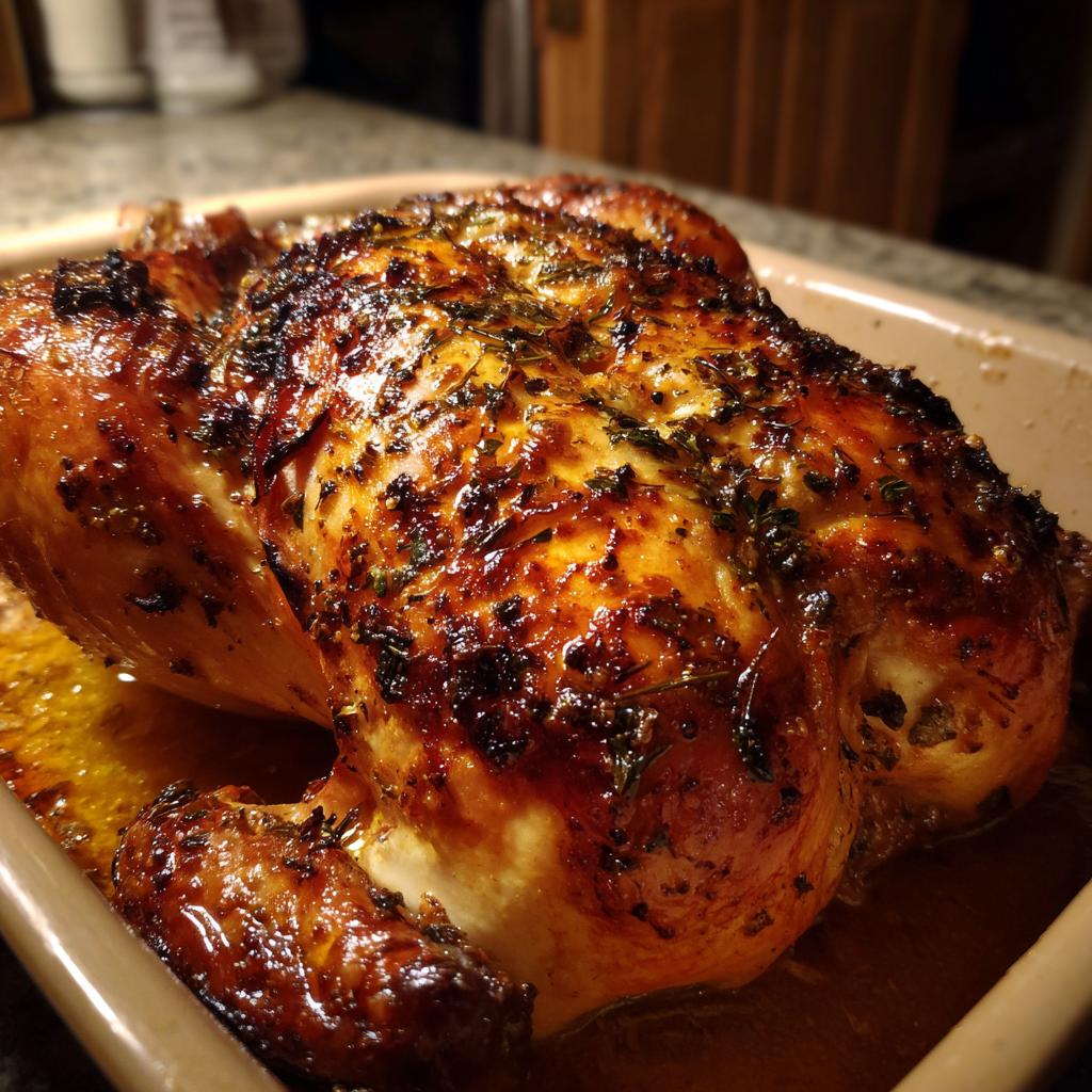 Whole garlic butter roasted chicken with crispy skin and herbs in a baking dish.