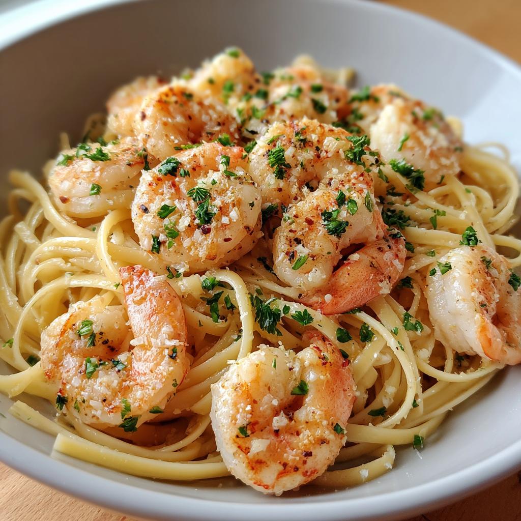 Close-up of garlic butter shrimp pasta with parsley and seasoning in a white bowl.