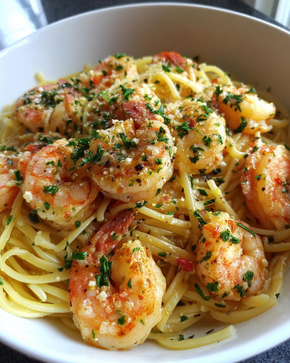 Close-up of garlic butter shrimp pasta with herbs and seasoning on spaghetti.