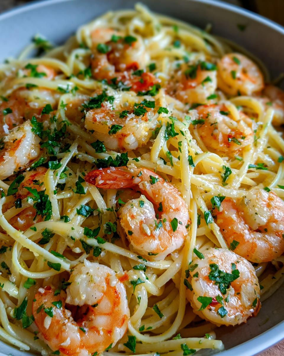 Garlic butter shrimp pasta garnished with chopped parsley in a bowl.