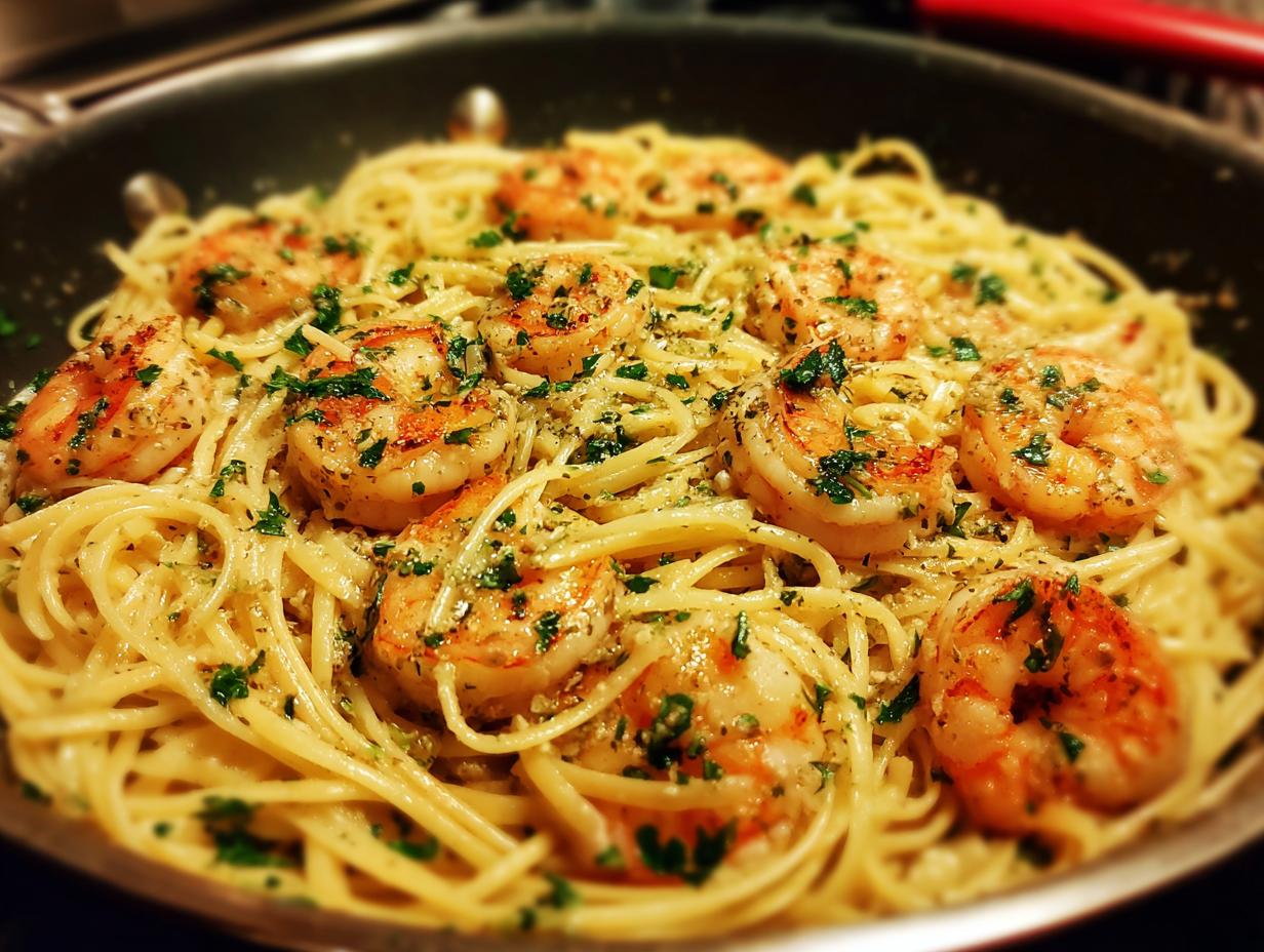Close-up of garlic butter shrimp pasta garnished with herbs in a skillet.