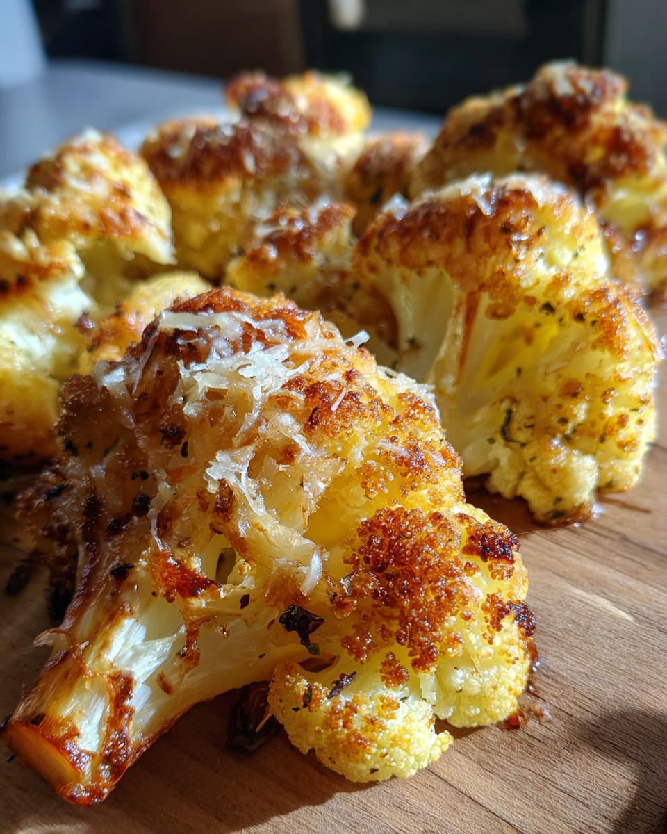 Roasted garlic parmesan cauliflower florets with golden crispy edges on a wooden surface